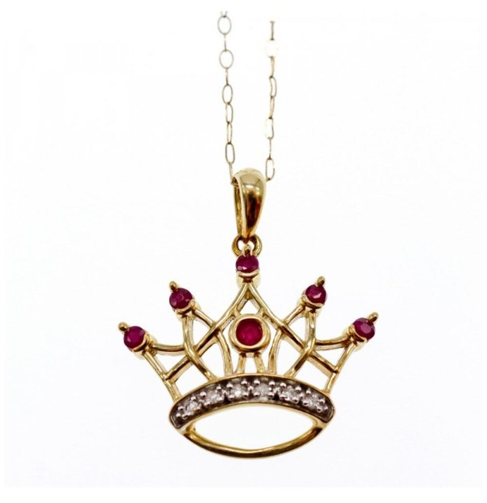 10K Yellow Gold Rubies & Diamonds Crown Chain With Pendant